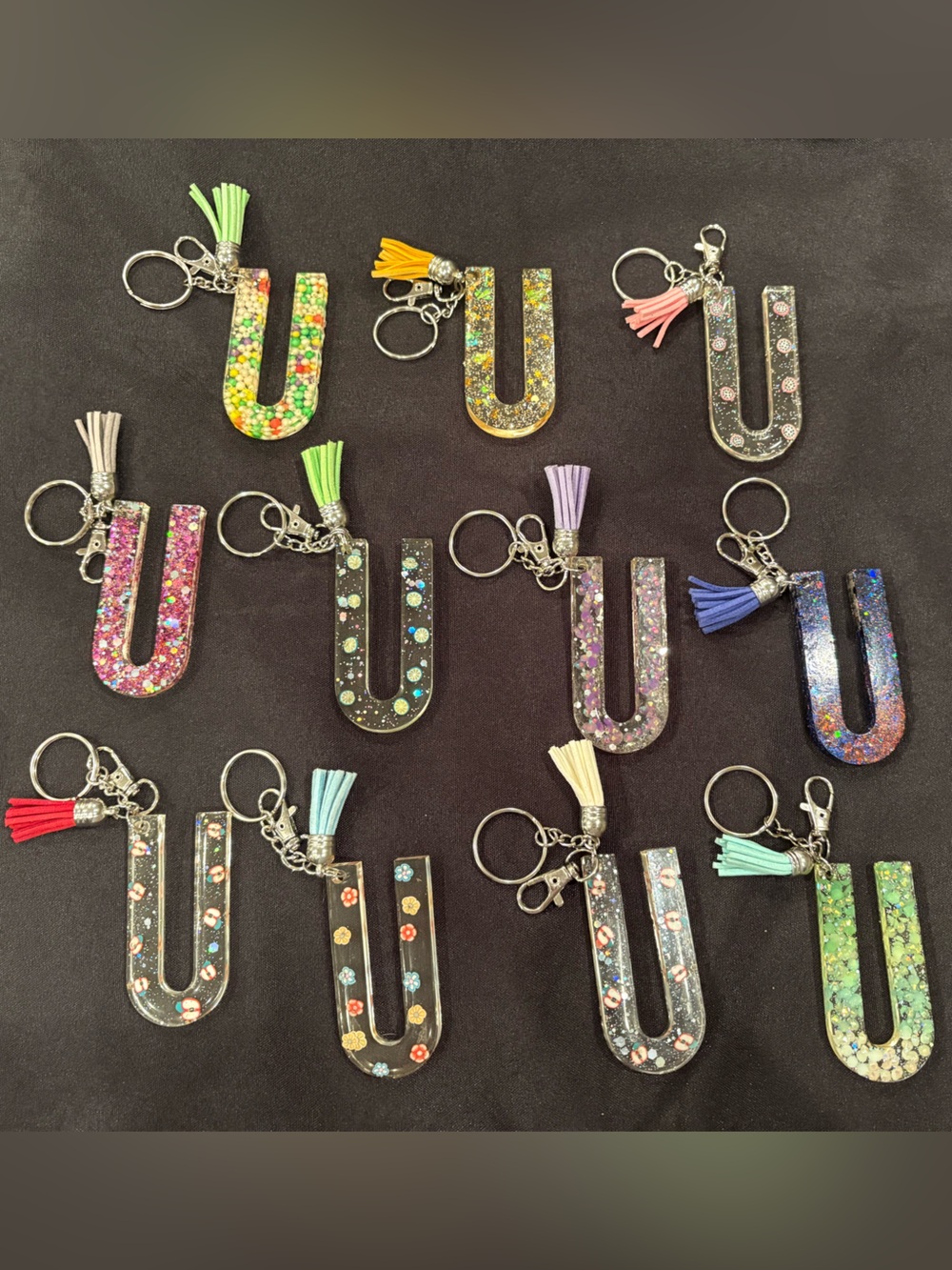 Glitter Resin 'U' Keychain with Tassel - Assorted Colors